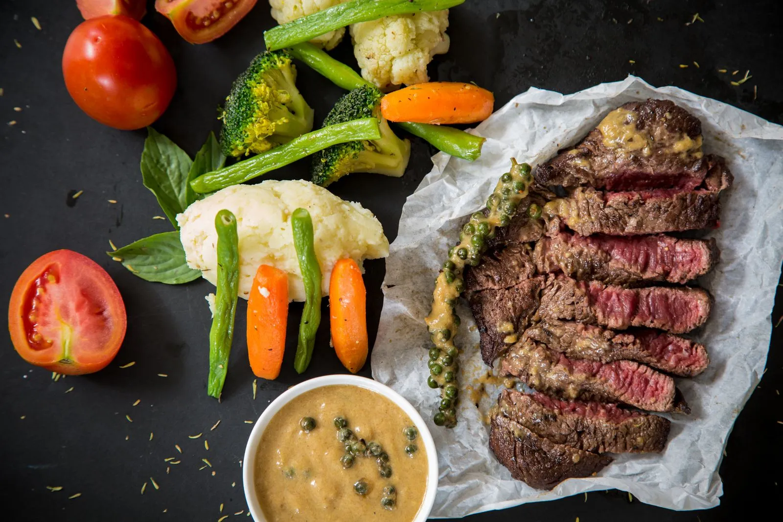 Grilled beef with vegetables on a plate