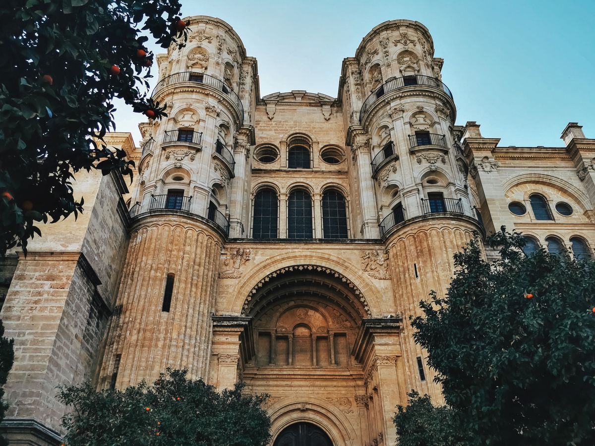 Detail of the stone façade of Málaga Cathedral